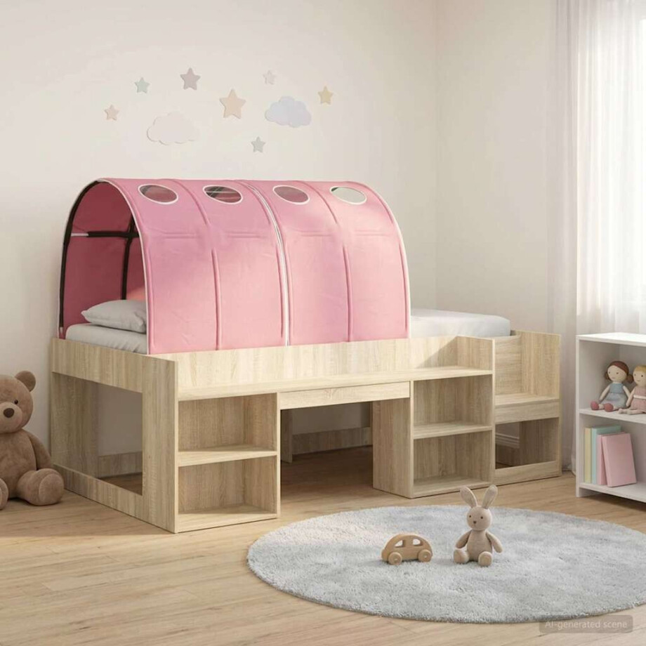 vidaXL Bedframe met tunnel met plank 3 st Sonoma eiken en roze vidaXL Bedframe met tunnel met plank 3 st Sonoma eiken en roze afbeelding 1