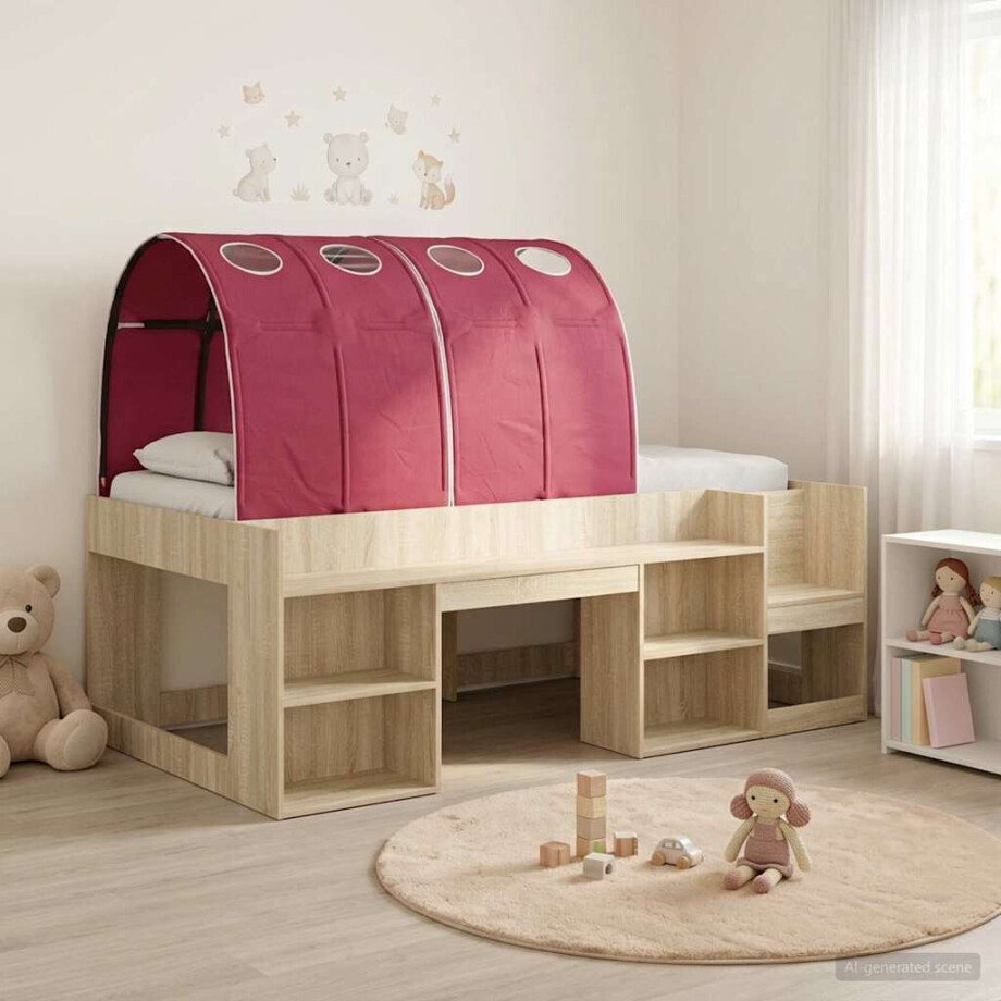 vidaXL Bedframe met tunnel met plank 3 st Sonoma eiken en rood vidaXL Bedframe met tunnel met plank 3 st Sonoma eiken en rood afbeelding 1