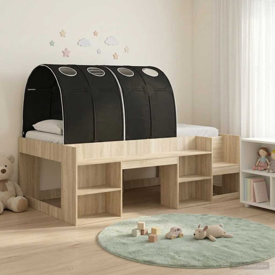 vidaXL Bedframe met tunnel met plank 3 st Sonoma Eiken en Zwart vidaXL Bedframe met tunnel met plank 3 st Sonoma Eiken en Zwart afbeelding 1