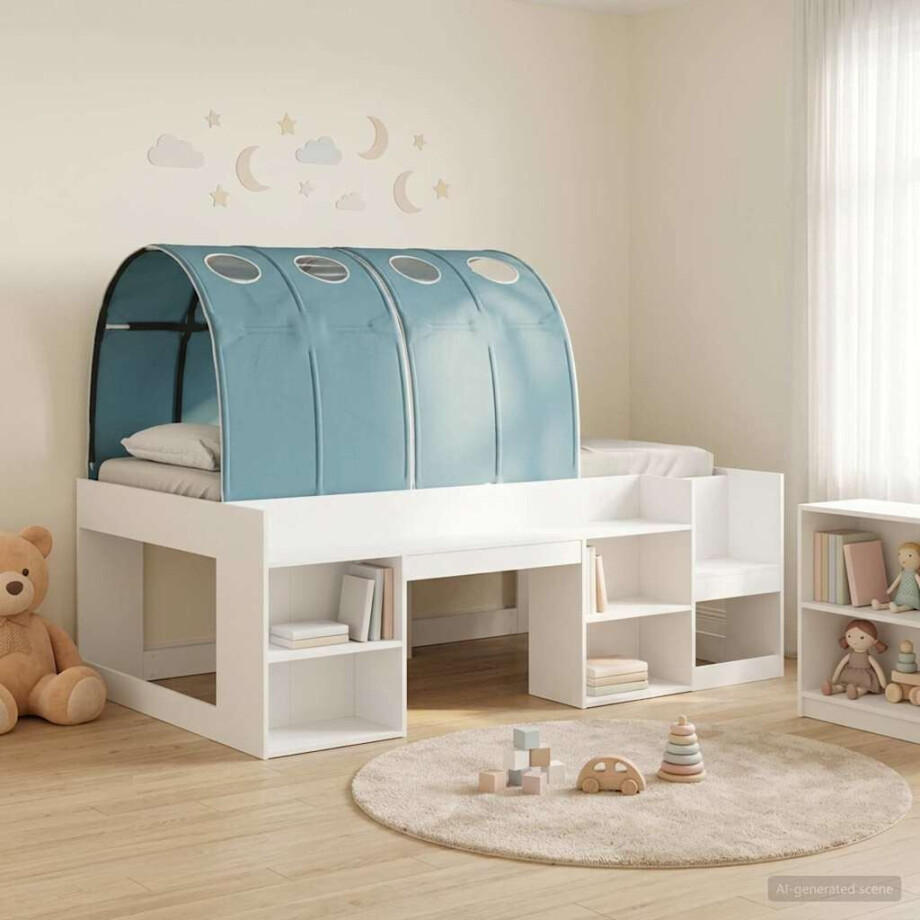 vidaXL Bedframe met tunnel 3 pcs Wit en Lichtblauw Bewerkt hout afbeelding 1