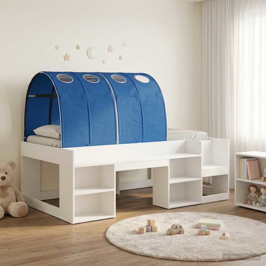 vidaXL Bedframe met tunnel met plank 3 pcs Wit en Blauw Bewerkt hout afbeelding 1