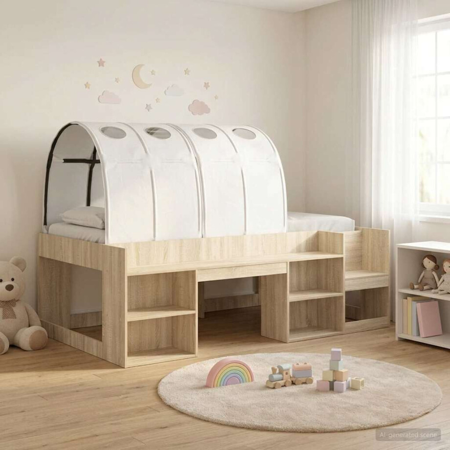 vidaXL Bedframe met tunnel 3 st Sonoma eiken en wit Bewerkt hout vidaXL Bedframe met tunnel 3 st Sonoma eiken en wit Bewerkt hout afbeelding 1