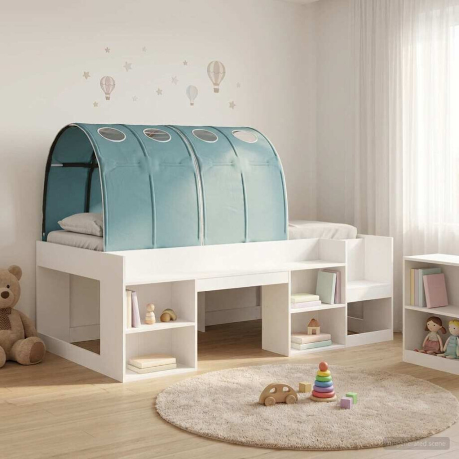 vidaXL Bedframe met tunnel 3 pcs Wit en Lichtblauw Bewerkt hout afbeelding 1
