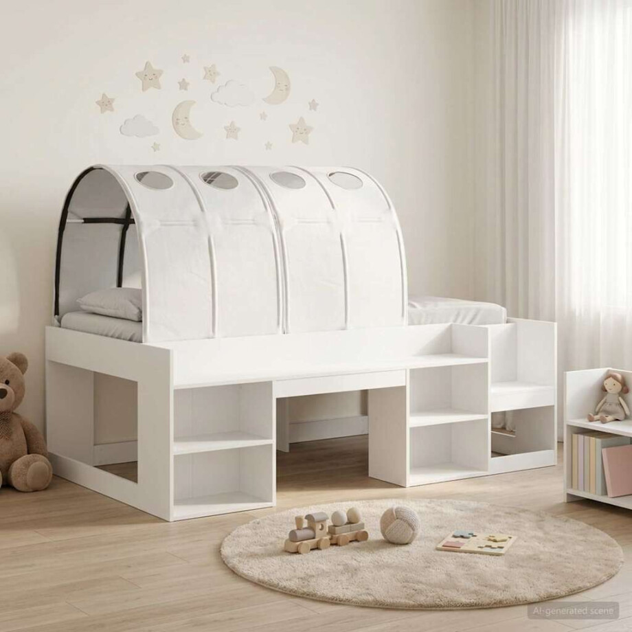 vidaXL Bedframe met tunnel met plank met opslag 3 pcs Wit Bewerkt hout vidaXL Bedframe met tunnel met plank met opslag 3 pcs Wit Bewerkt hout afbeelding 1