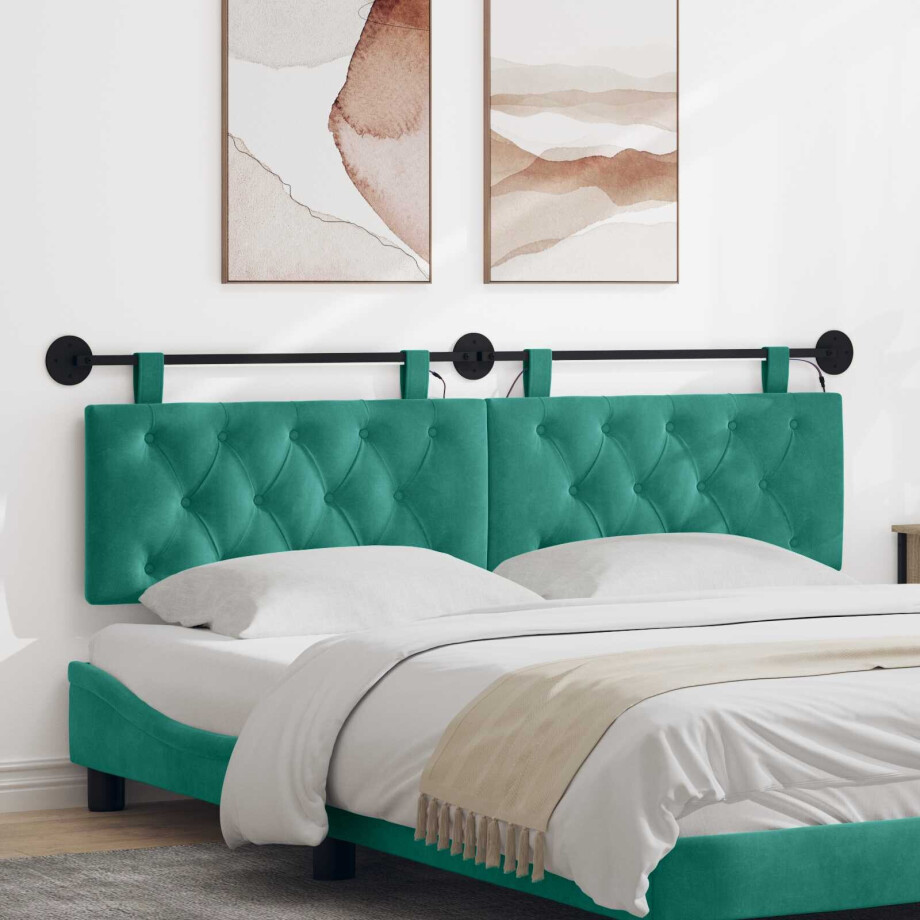 vidaXL Hangend hoofdbord Met LED-verlichting Turquoise Fluweel vidaXL Hangend hoofdbord Met LED-verlichting Turquoise Fluweel afbeelding 1