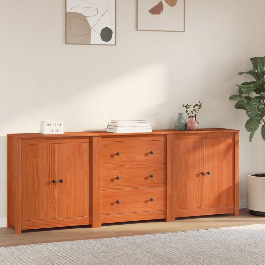 vidaXL Dressoir met lade 3 pcs Wasbruin Massief grenenhout vidaXL Dressoir met lade 3 pcs Wasbruin Massief grenenhout afbeelding 1