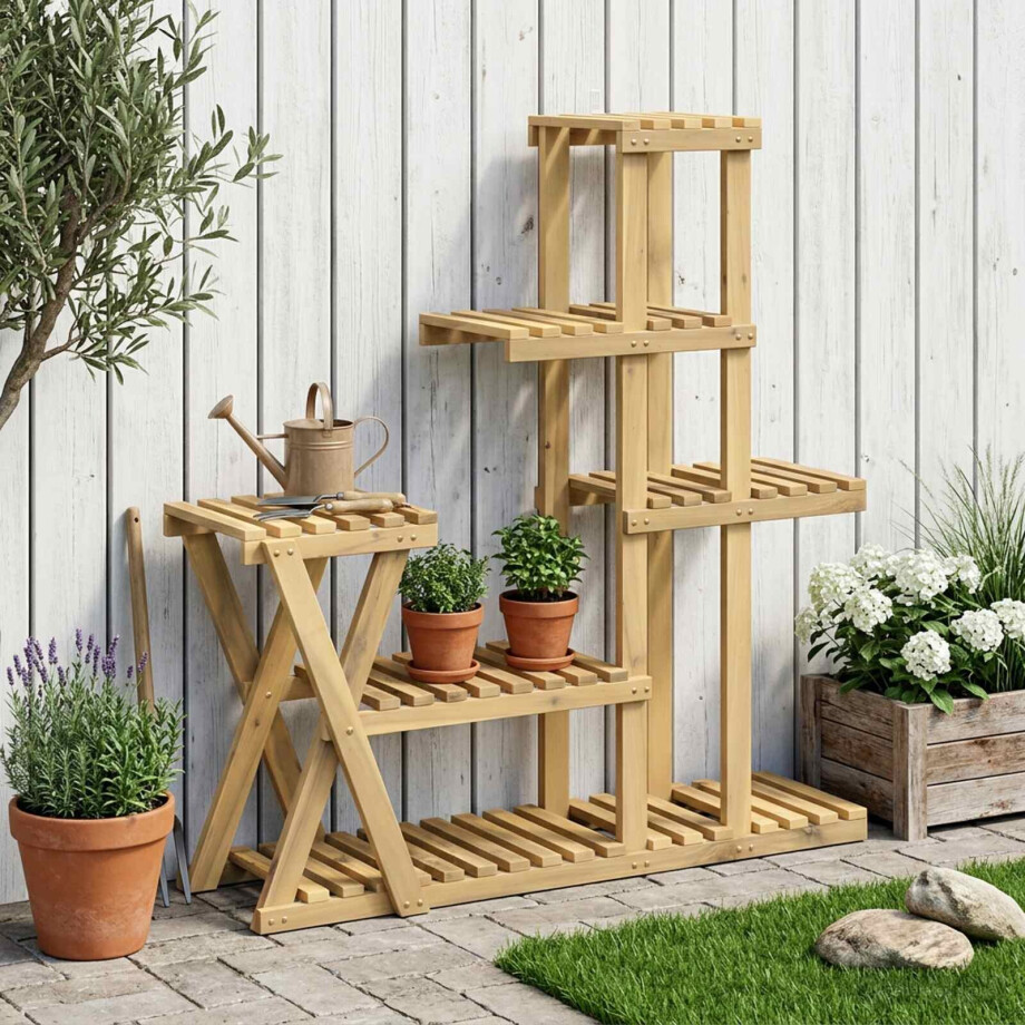 vidaXL Plantenstandaard Wit 95 x 25 x 101,5 cm Massief Acaciahout afbeelding 1