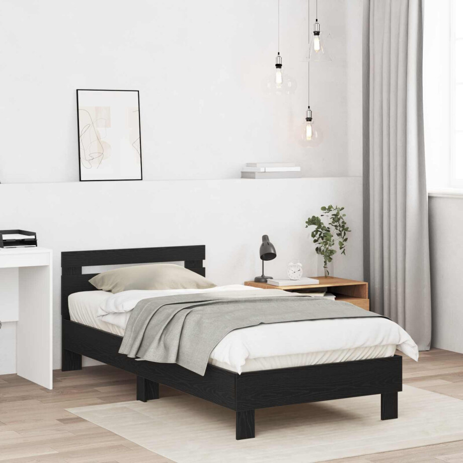 vidaXL Bedframe met Hoofdeinde Zwart eiken 80 x 200 cm Bewerkt hout afbeelding 1