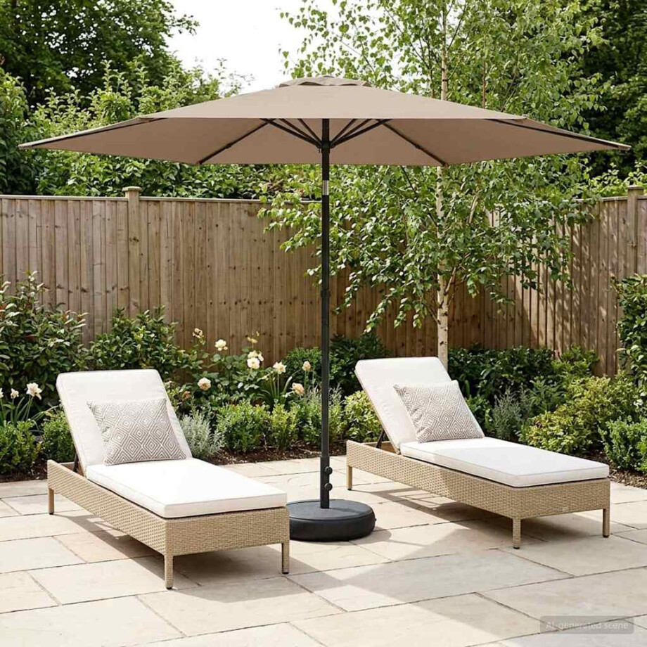 vidaXL Tuinparasol met Basis 300 x 300 cm Polyester Rechthoekig Taupe vidaXL Tuinparasol met Basis 300 x 300 cm Polyester Rechthoekig Taupe afbeelding 1