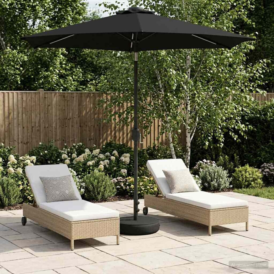 vidaXL Tuinparasol met LED-lampen en voet 230 x 230 cm Polyester Zwart afbeelding 1