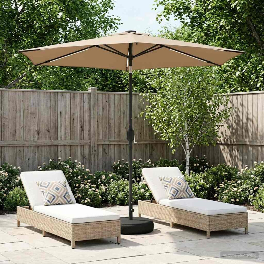 vidaXL Tuinparasol met LED-lampen en voet 270 x 270 cm Polyester Taupe afbeelding 1