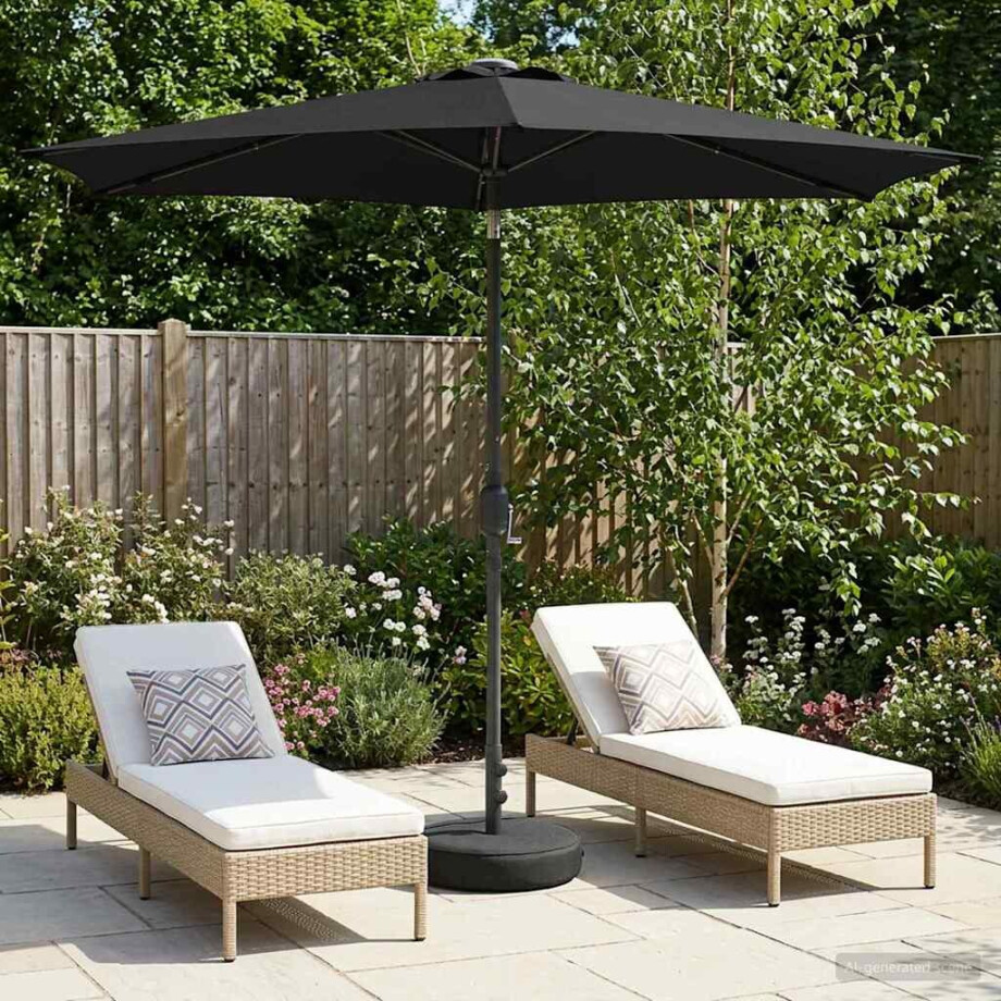 vidaXL Tuinparasol met LED-lampen en voet 270 x 270 cm Polyester Zwart afbeelding 1