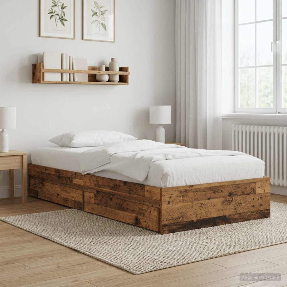 vidaXL Bedframe met opslag met lade Oud hout 80 x 200 cm Bewerkt hout afbeelding 1