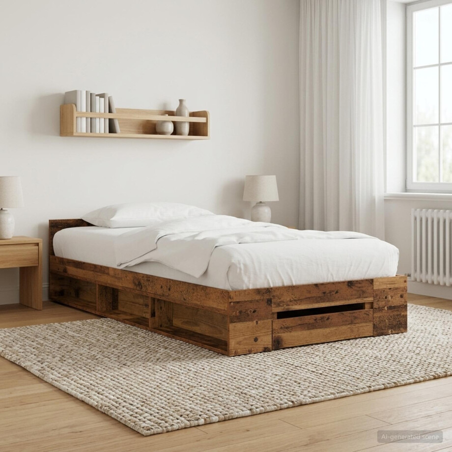vidaXL Bedframe met opslag met lade Oud hout 80 x 200 cm Bewerkt hout afbeelding 1
