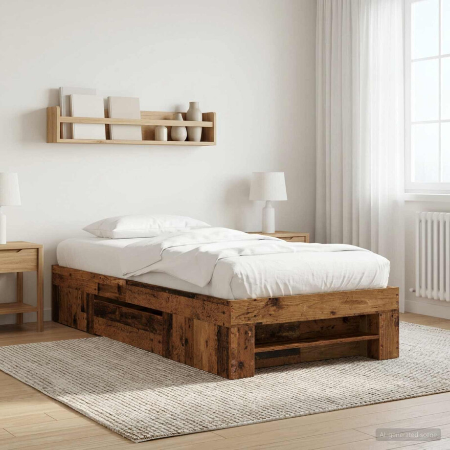 vidaXL Bedframe met opslag met lade Oud hout 80 x 200 cm Bewerkt hout afbeelding 1