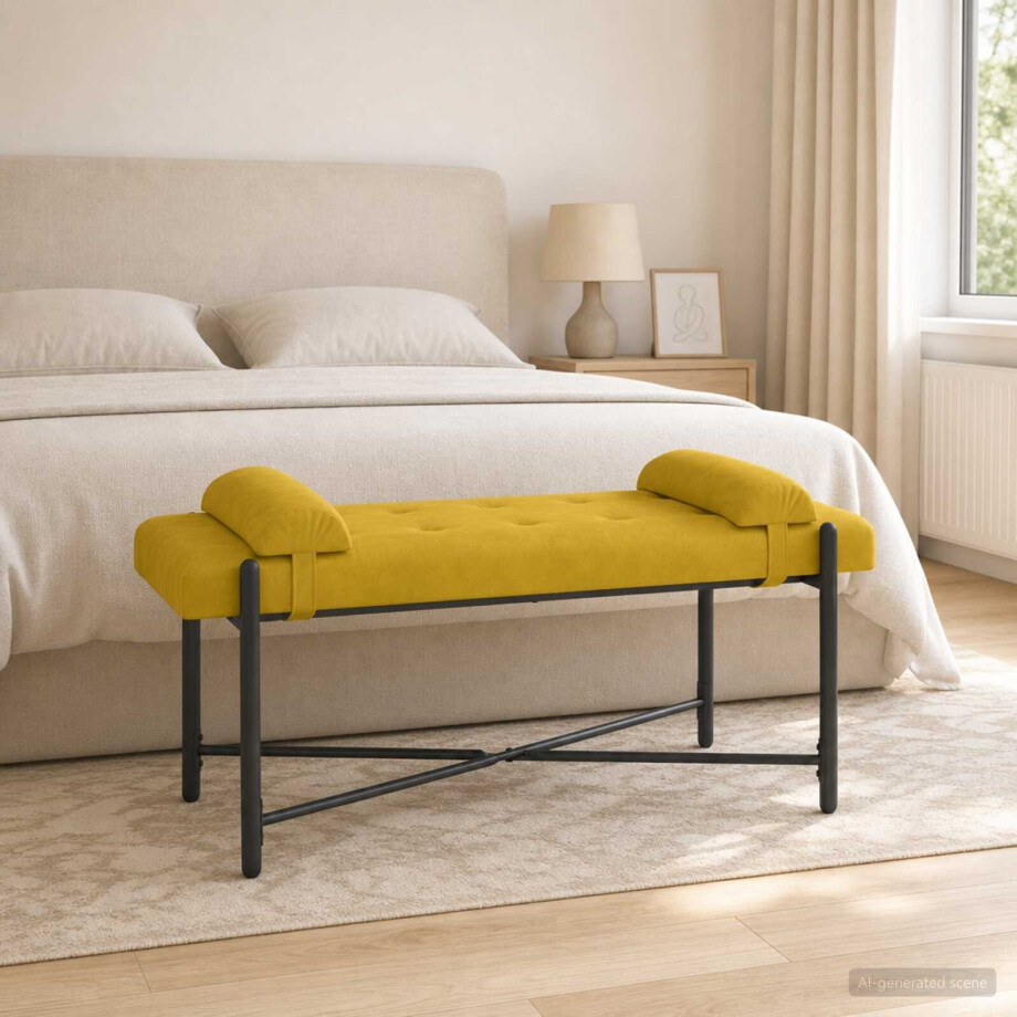 vidaXL Knop-gestept Bankje met Kussens Geel 110 x 40 x 46 cm fluweel afbeelding 1