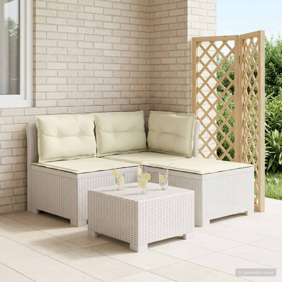 vidaXL 3-zits tuinbank met kussens in rattanlook PP Wit afbeelding 1