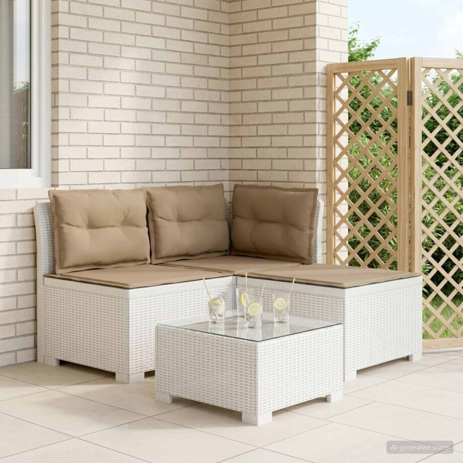vidaXL 3-zits tuinbank met kussens in rattanlook PP Wit afbeelding 1