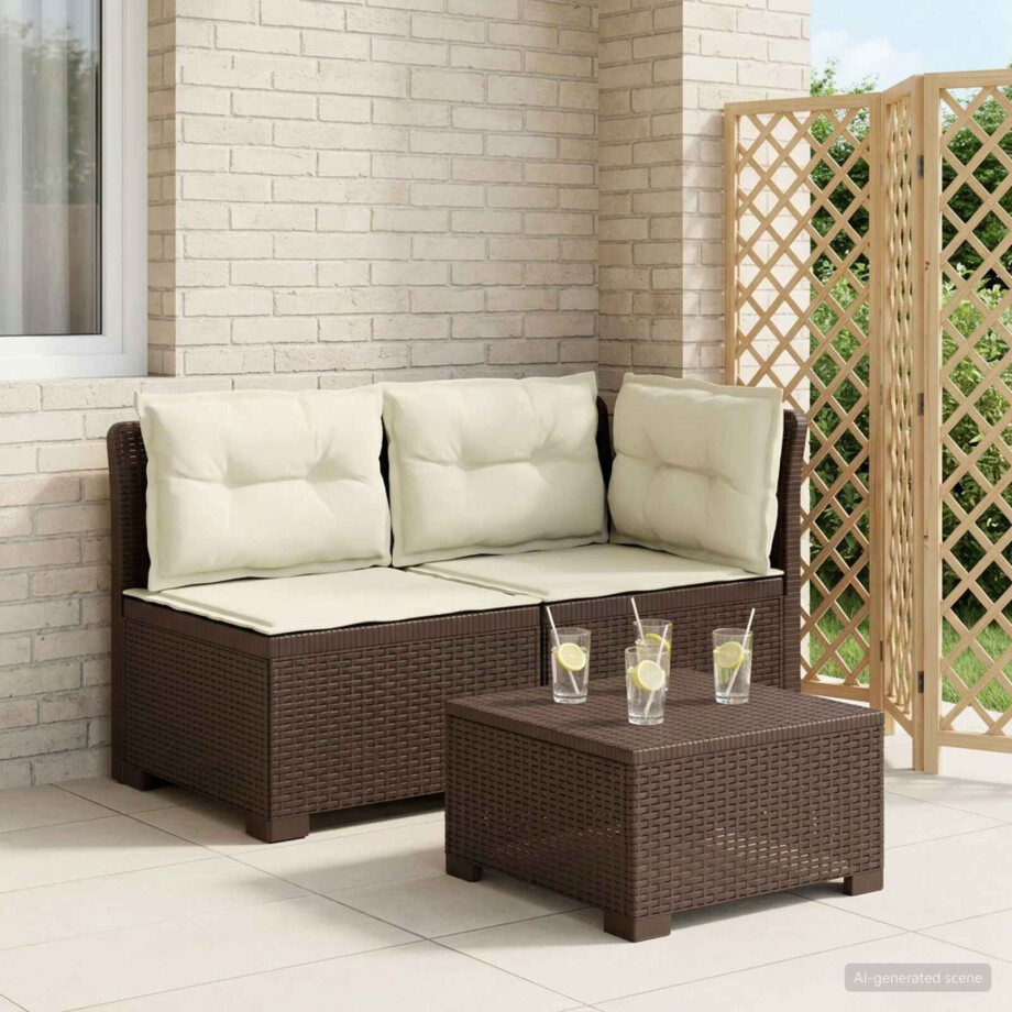 vidaXL Tweedelige Tuinbank met Kussens Rattan Look PP Bruin afbeelding 1
