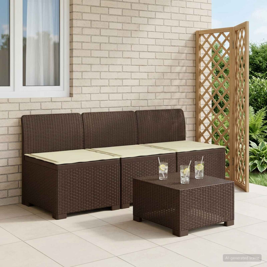vidaXL 3-zits tuinbank met kussens in rattanlook PP Bruin afbeelding 1