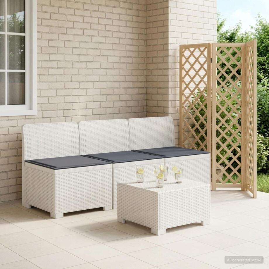 vidaXL 3-zits tuinbank met kussens in rattanlook PP Wit afbeelding 1