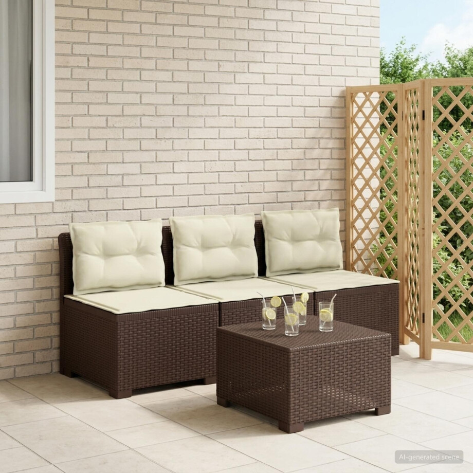 vidaXL 3-zits tuinbank met kussens in rattanlook PP Bruin afbeelding 1