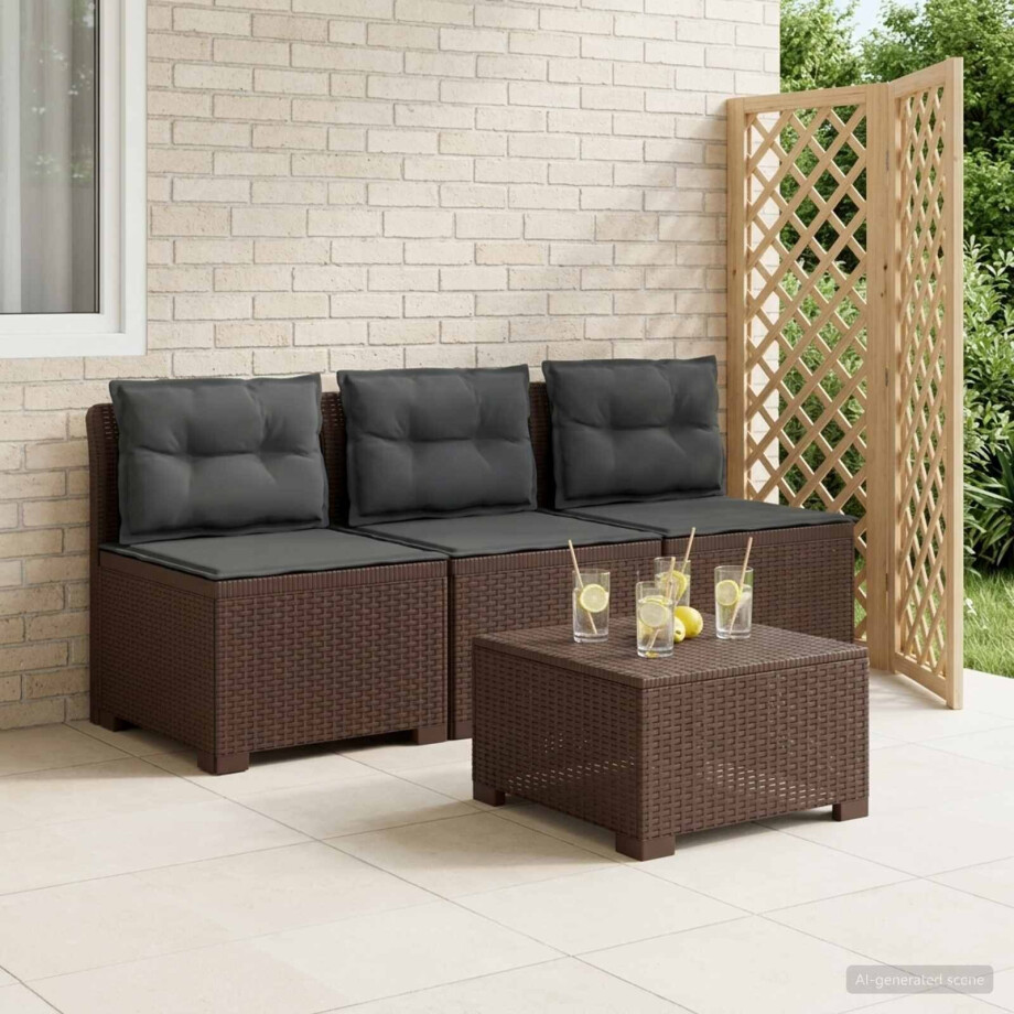 vidaXL 3-zits tuinbank met kussens in rattanlook PP Bruin afbeelding 1