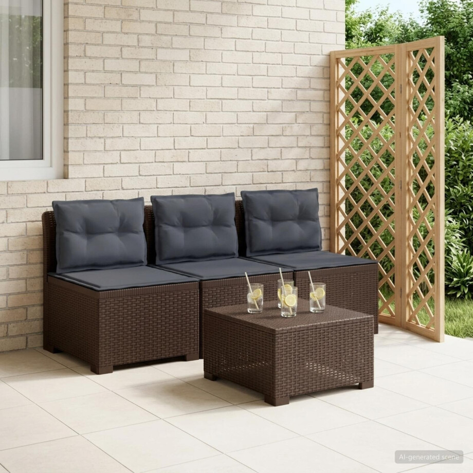 vidaXL 3-zits tuinbank met kussens in rattanlook PP Bruin afbeelding 1