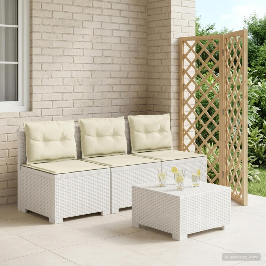 vidaXL 3-zits tuinbank met kussens in rattanlook PP Wit afbeelding 1