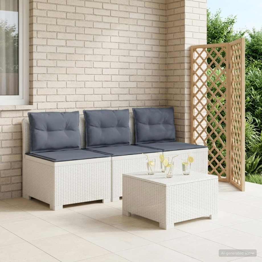 vidaXL 3-zits tuinbank met kussens in rattanlook PP Wit afbeelding 1