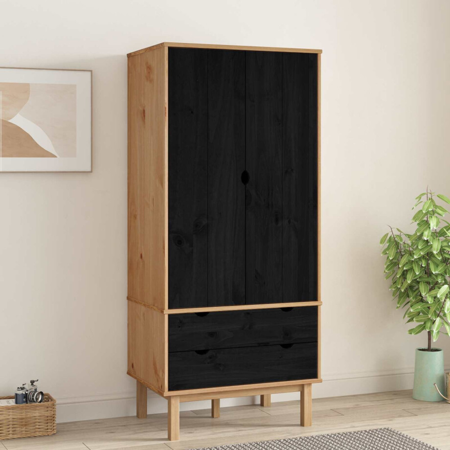 vidaXL Kledingkast OTTA Zwart 76,5 x 53 x 172 cm Massief grenenhout afbeelding 1