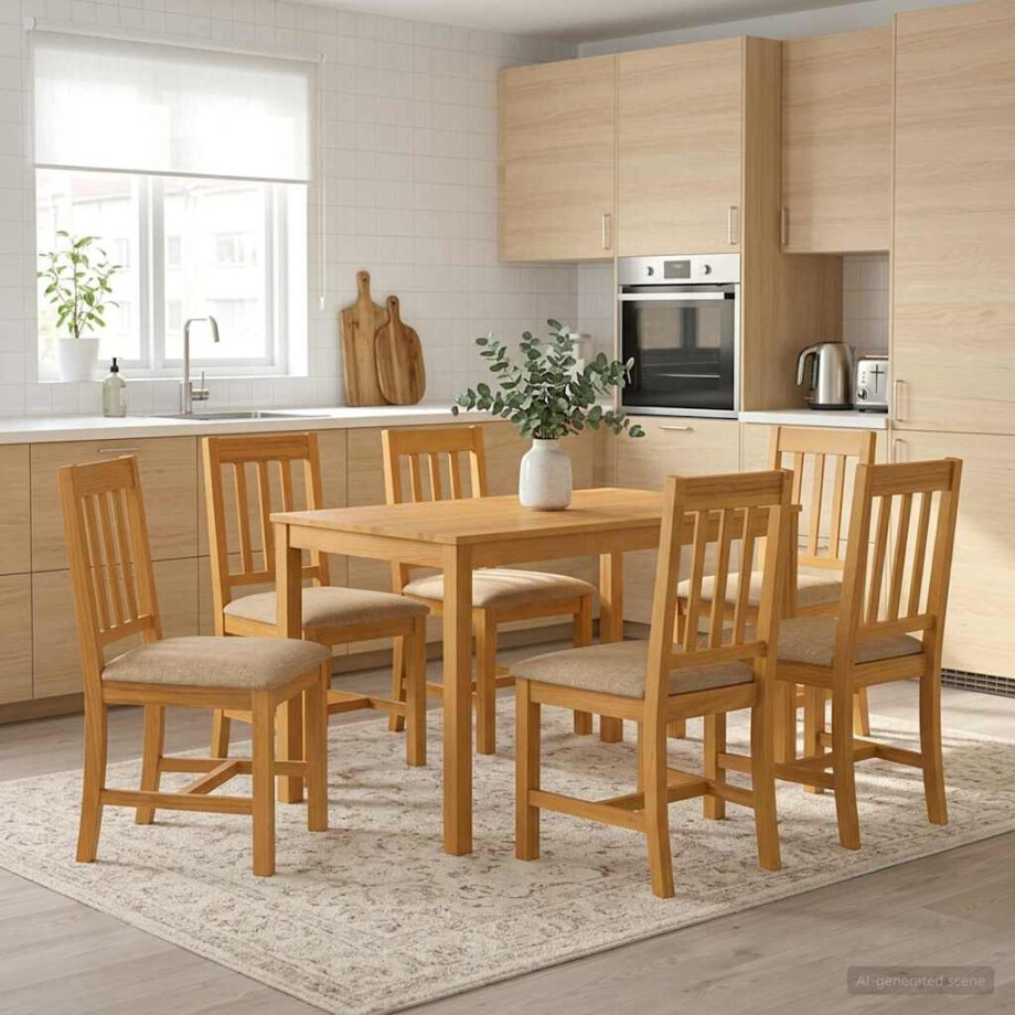 vidaXL Eetkamerset 7 st Beige Massief Eikenhout vidaXL Eetkamerset 7 st Beige Massief Eikenhout afbeelding 1