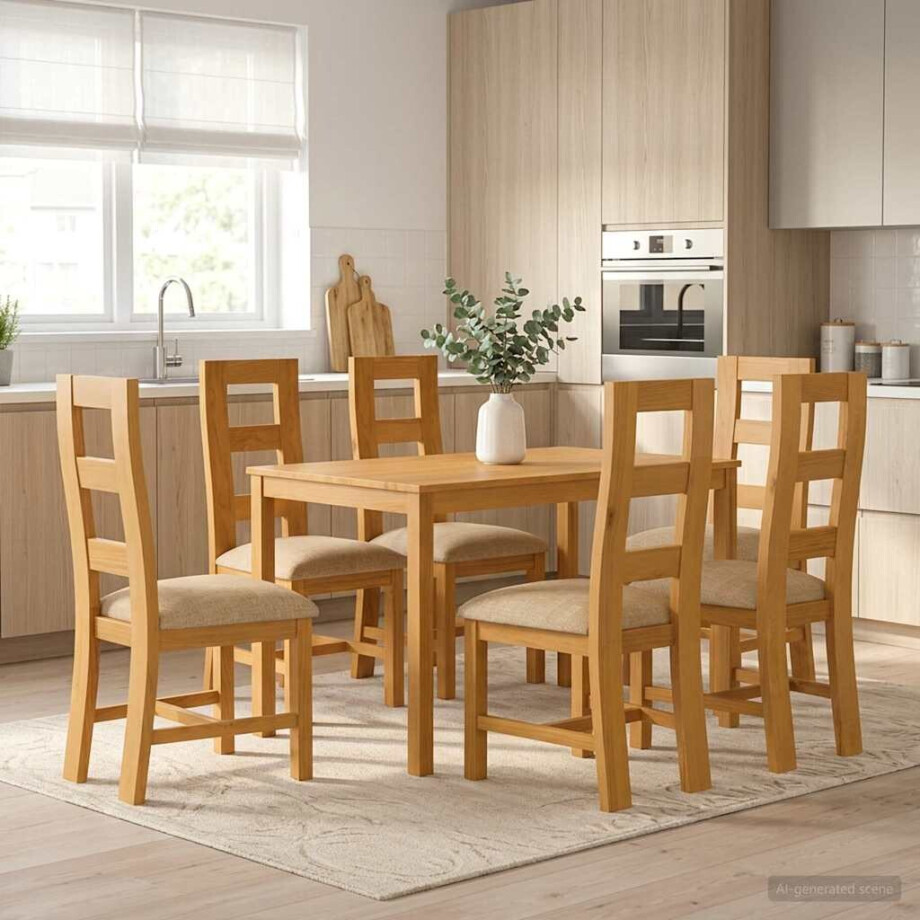 vidaXL Eetkamerset 7 st Beige Massief Eikenhout vidaXL Eetkamerset 7 st Beige Massief Eikenhout afbeelding 1