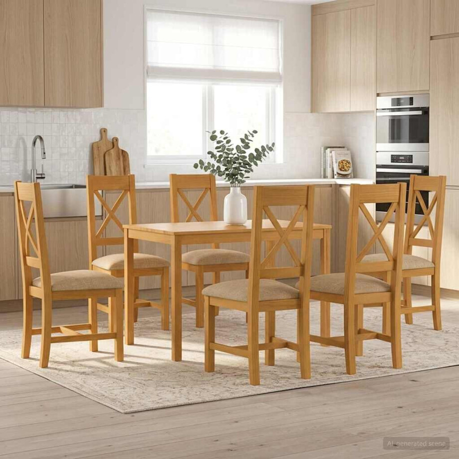 vidaXL Eetkamerset 7 st Beige Massief Eikenhout vidaXL Eetkamerset 7 st Beige Massief Eikenhout afbeelding 1