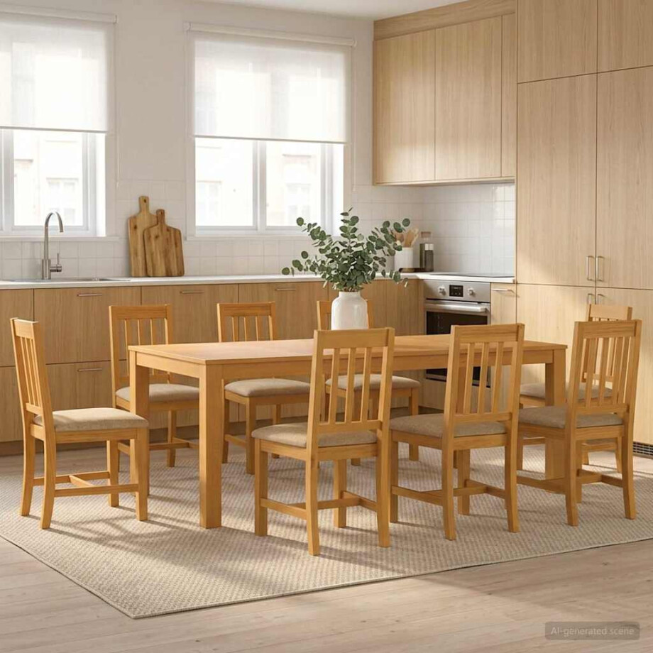 vidaXL Eetkamerset 9 st Beige Massief Eikenhout afbeelding 1