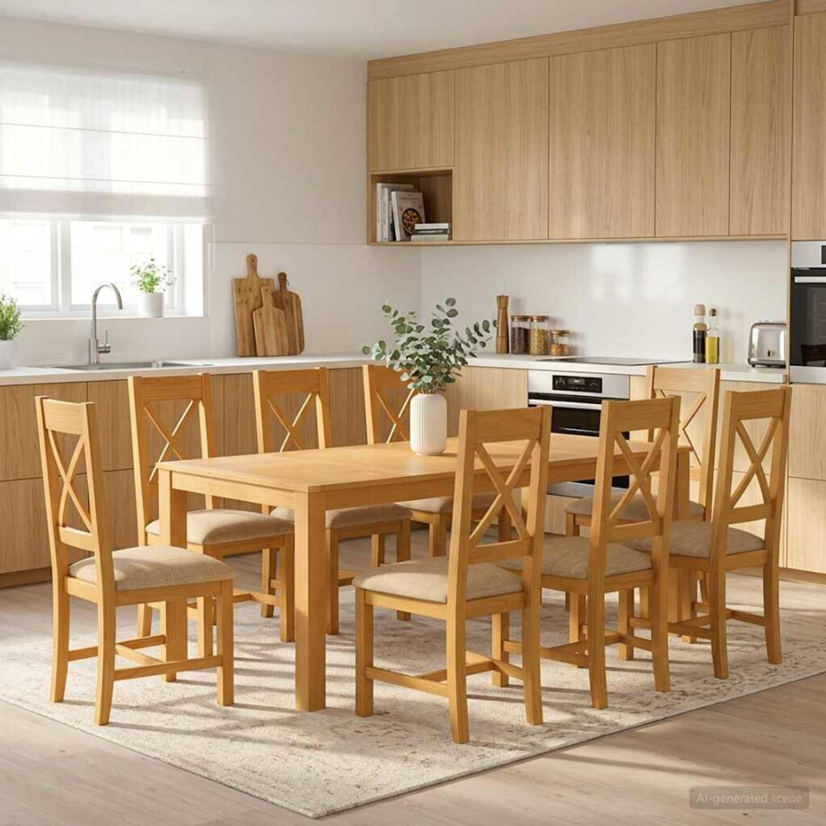 vidaXL Eetkamerset 9 st Beige Massief Eikenhout afbeelding 1