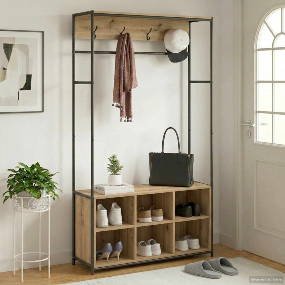 vidaXL Kapstok met schoenenbank Artisanaal eiken 100 x 32 x 180,5 cm vidaXL Kapstok met schoenenbank Artisanaal eiken 100 x 32 x 180,5 cm afbeelding 1