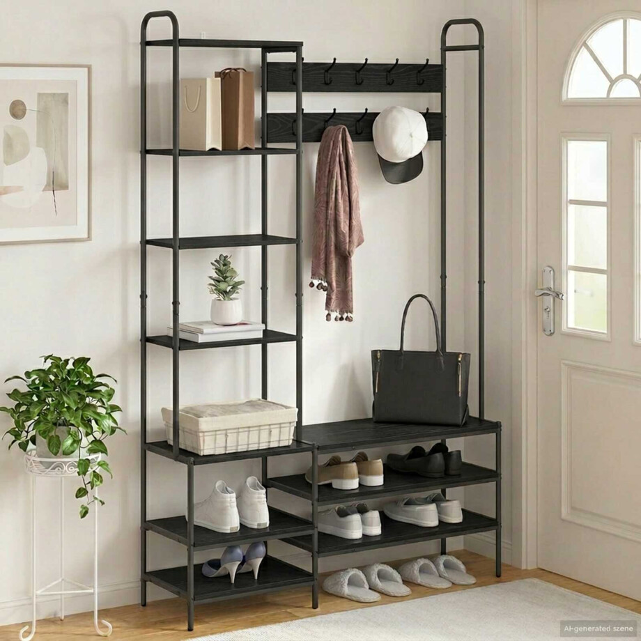 vidaXL Kapstok met schoenenbank Zwart eiken 120,5 x 34 x 190 cm vidaXL Kapstok met schoenenbank Zwart eiken 120,5 x 34 x 190 cm afbeelding 1