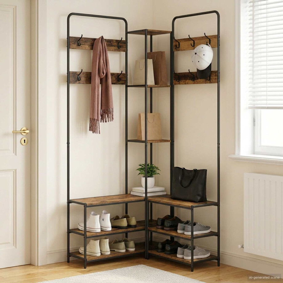 vidaXL Kapstok met schoenenbank Oud hout 143 x 30 x 199,5 cm vidaXL Kapstok met schoenenbank Oud hout 143 x 30 x 199,5 cm afbeelding 1