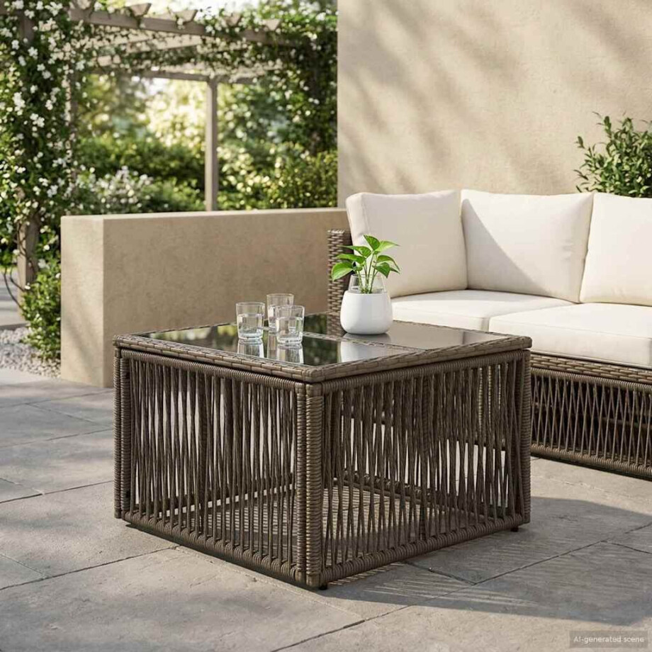 vidaXL Tuinstafel Grijs en zwart 55 x 55 x 37 cm PE Rattan en Glas vidaXL Tuinstafel Grijs en zwart 55 x 55 x 37 cm PE Rattan en Glas afbeelding 1