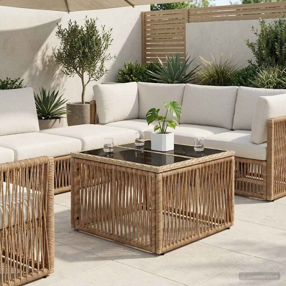 vidaXL Tuinstafel Beige en zwart 55 x 55 x 37 cm PE Rattan en Glas vidaXL Tuinstafel Beige en zwart 55 x 55 x 37 cm PE Rattan en Glas afbeelding 1