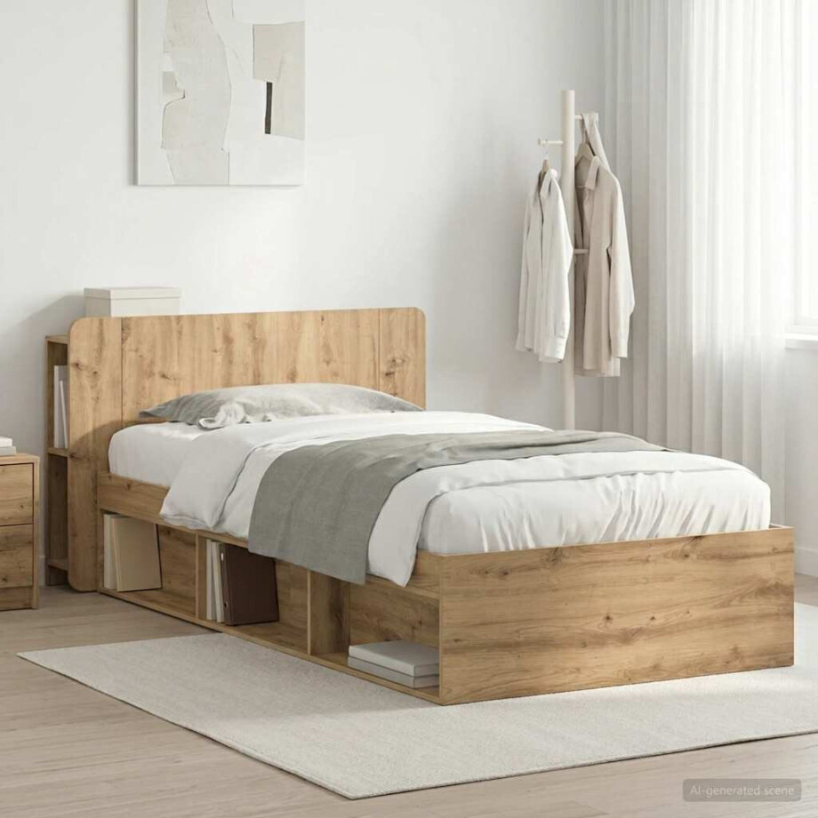 vidaXL Bedframe met opslag Artisanaal eiken 100 x 200 cm Bewerkt hout afbeelding 1