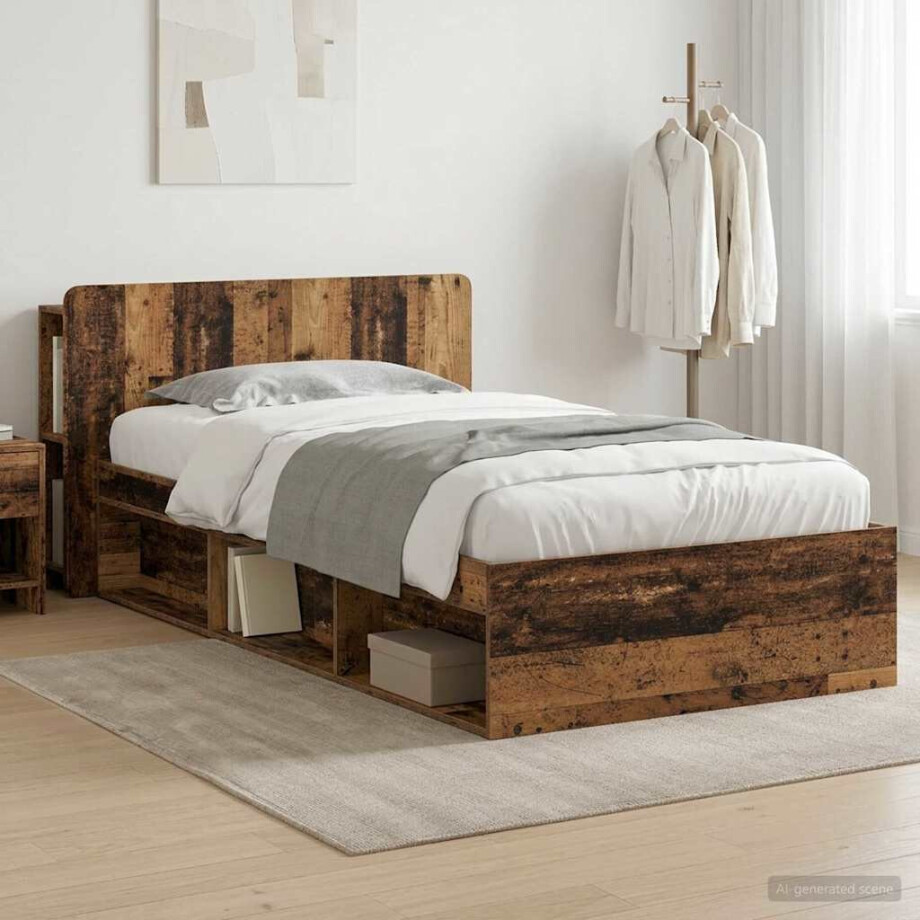 vidaXL Bedframe met opslag Oud hout 100 x 200 cm Bewerkt hout afbeelding 1