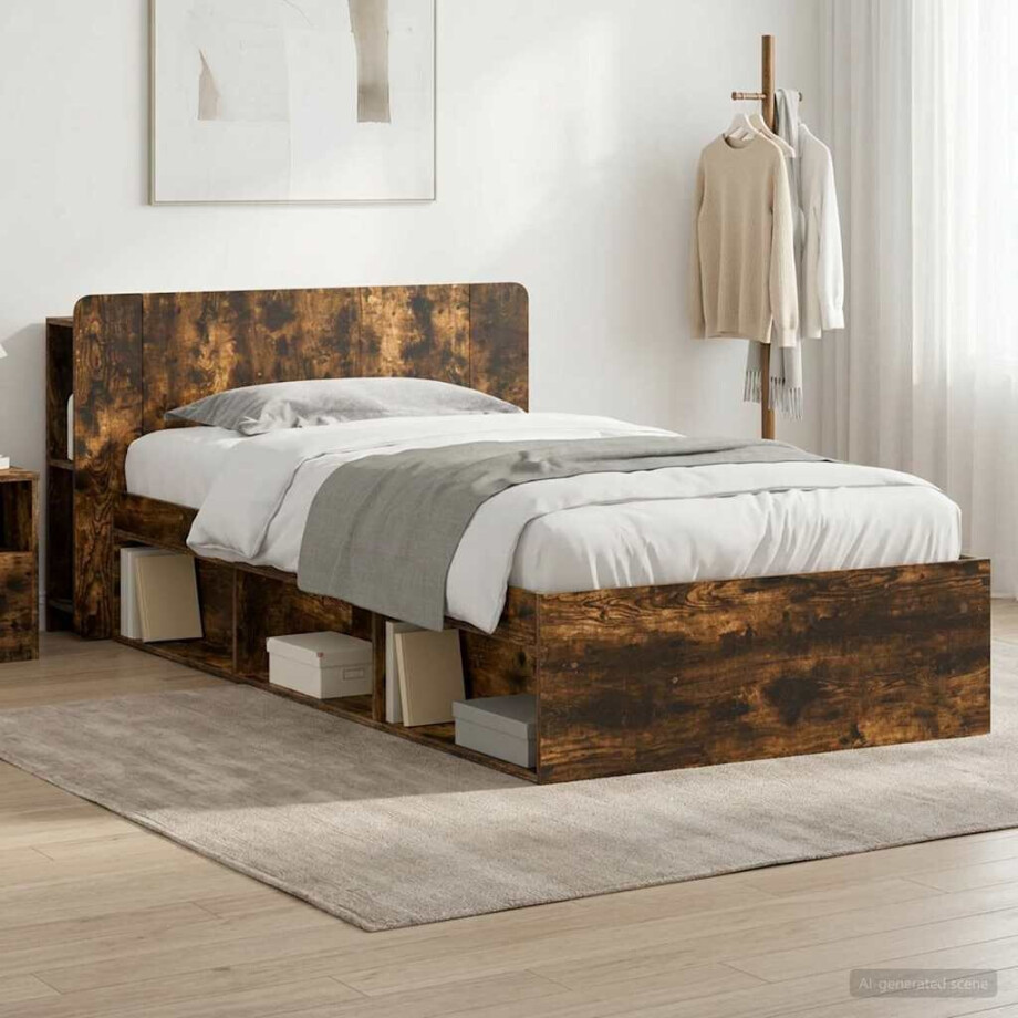 vidaXL Bedframe met opslag Gerookt eiken 100 x 200 cm Bewerkt hout vidaXL Bedframe met opslag Gerookt eiken 100 x 200 cm Bewerkt hout afbeelding 1