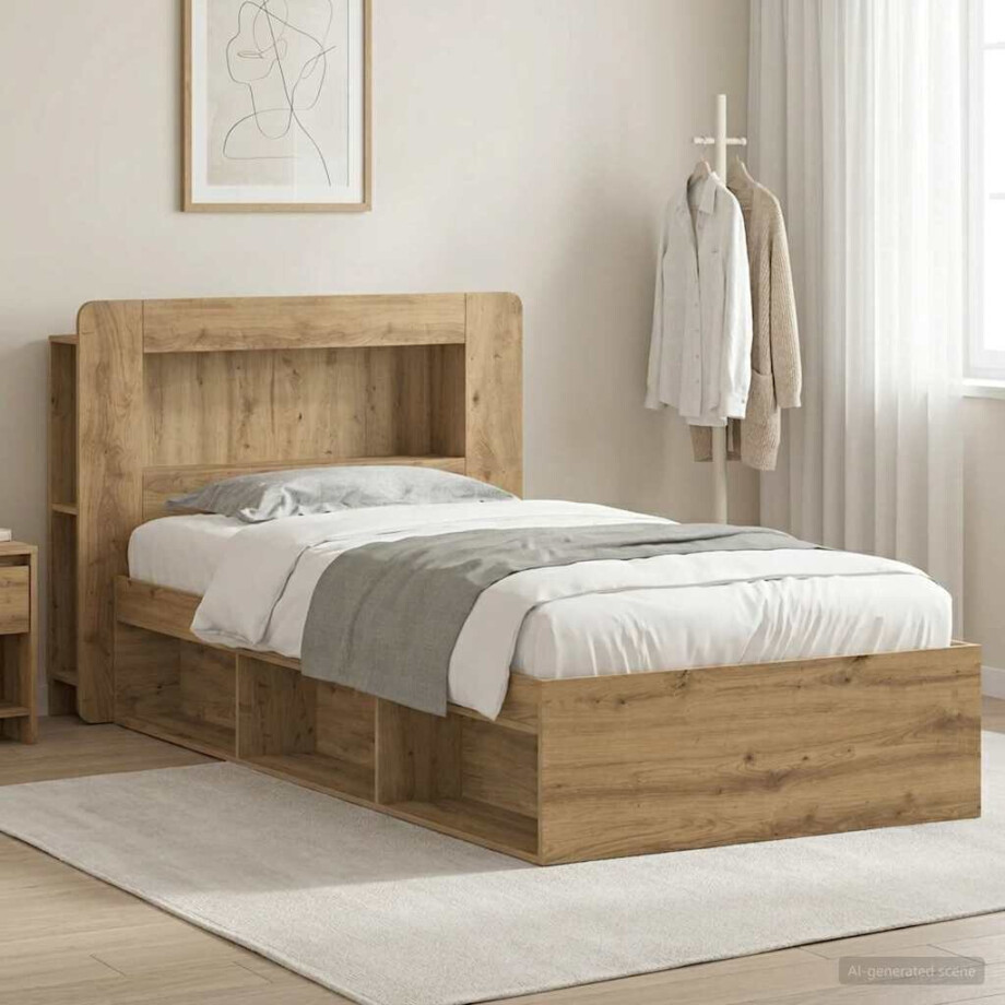 vidaXL Bedframe met opslag Artisanaal eiken 100 x 200 cm Bewerkt hout afbeelding 1