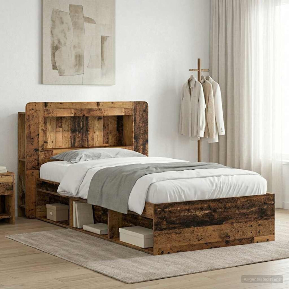 vidaXL Bedframe met opslag Oud hout 100 x 200 cm Bewerkt hout afbeelding 1