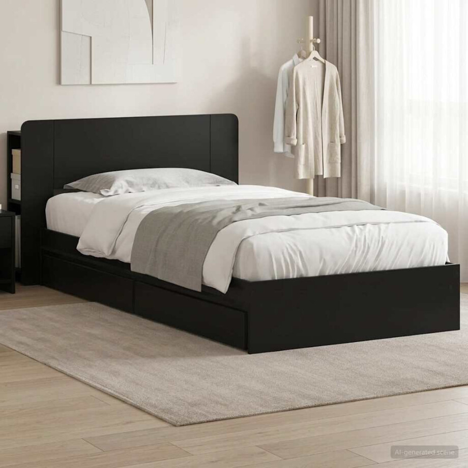vidaXL Bedframe met opslag met lade Zwart 90 x 190 cm Bewerkt hout afbeelding 1