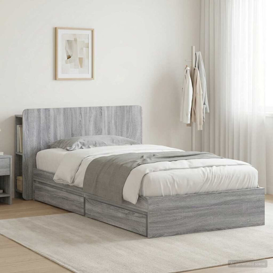 vidaXL Bedframe met opslag Grijs Sonoma 90 x 200 cm Bewerkt hout afbeelding 1