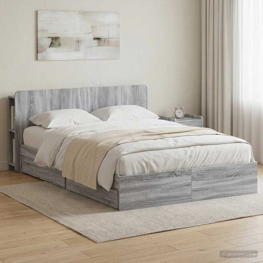 vidaXL Bedframe met opslag Grijs Sonoma 150 x 200 cm Bewerkt hout afbeelding 1