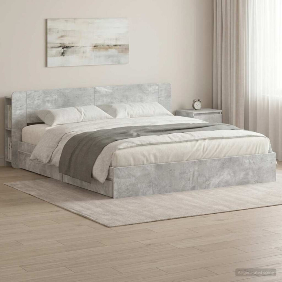 vidaXL Bedframe met opslag Betongrijs 200 x 200 cm Bewerkt hout afbeelding 1